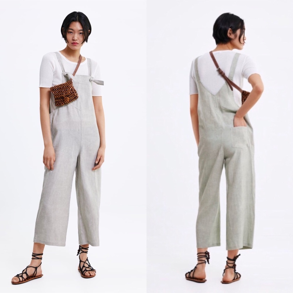 NWT Zara Grey Linen Pocket Wide Leg Jumpsuit - Picture 1 of 8